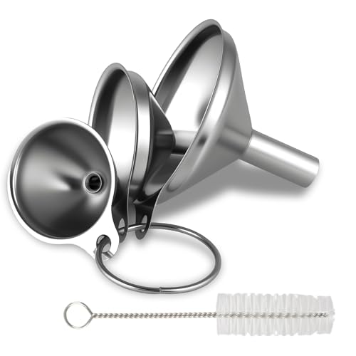 Stainless Steel Kitchen Funnel, Large, Medium and Small Three-piece Set with Cleaning Brush, Mini Metal Kitchen Funnel, for Transferring Liquids and Small Solids, Spices, Essential Oils, Fluid Foods