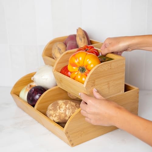 Potato and Onion Storage Bin for Pantry and Kitchen Counter - Ventilated Stackable Bamboo Organizer Baskets with Handles - color: Bamboo