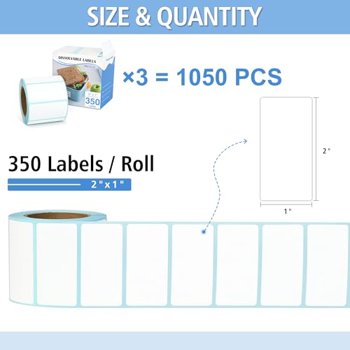 THEBLUETOUCH Dissolvable Food Labels with Dispenser - 1050 pcs, 1" x 2" Water Dissolving Labels, No Residue for Meal Prep & Food Storage Containers, 1050 Count (3 Rolls of 350) - size: 3 Box - 1050 Lables