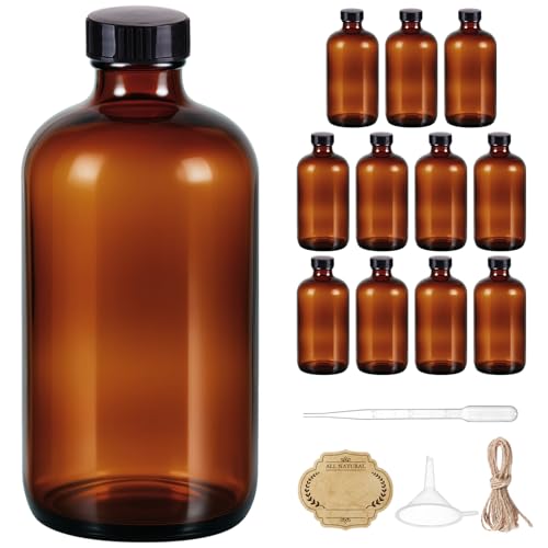 16 OZ Glass Bottles with Lids, 12 Pack Amber Boston Round kombucha Sample Bottles with Black Caps Perfect Glass Containers for Secondary Fermentation,Storing condiment,Homemade Essential Oils,kitchen - color: 12P Amber