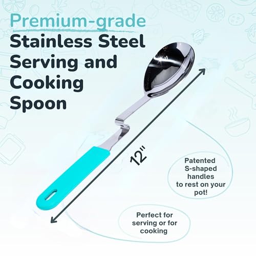 Souper Cubes + Lori Greiner No Mess Stainless Steel Cooking Spoon with Silicone Handle - Stainless Steel Serving Spoon No Mess Design Hooks on Side of Any Pot - Aqua - color: Aqua, size: Spoon 1-Pack