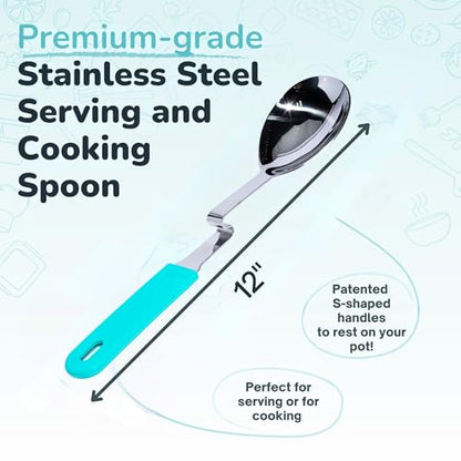 Souper Cubes + Lori Greiner No Mess Stainless Steel Cooking Spoon with Silicone Handle - Stainless Steel Serving Spoon No Mess Design Hooks on Side of Any Pot - Aqua - color: Aqua, size: Spoon 1-Pack