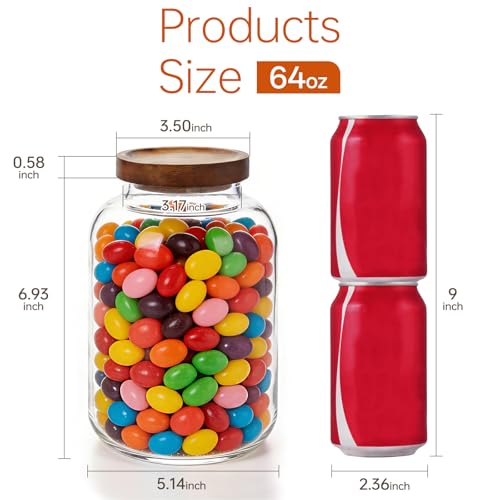 2-Pack Large Glass Flour and Sugar Storage Containers, 64 oz / 1900 ml Airtight Glass Jars with Wooden Lids, Clean & Elegant Canisters for Storing Rice, Pasta, Oats, Candy, Cookies and More - size: Small