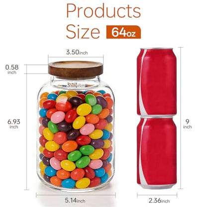 2-Pack Large Glass Flour and Sugar Storage Containers, 64 oz / 1900 ml Airtight Glass Jars with Wooden Lids, Clean & Elegant Canisters for Storing Rice, Pasta, Oats, Candy, Cookies and More - size: Small