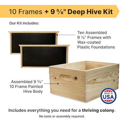 Mann Lake 10-Frame Deep Hive Kit, Fully Assembled 9⅝" Bee Hive Body with 10 Frames & Beeswax-Coated Plastic Foundation for Brood Replacement, Colony Growth & Honey Production, Made in USA, Unpainted - color: Assembled, No Paint