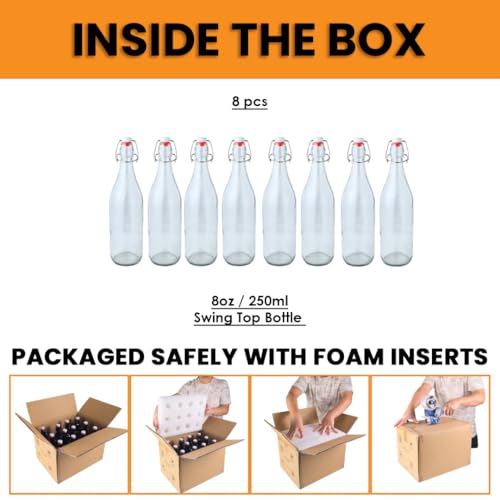 FastRack 8.5oz Swing Top Glass Bottles (Pack of 8) | Clear Resealable Flip Top Bottles with Airtight Lids – Reusable Grolsch-Style Bottles for Kombucha, Beer, Soda, Mead, Vinegar & Olive Oil