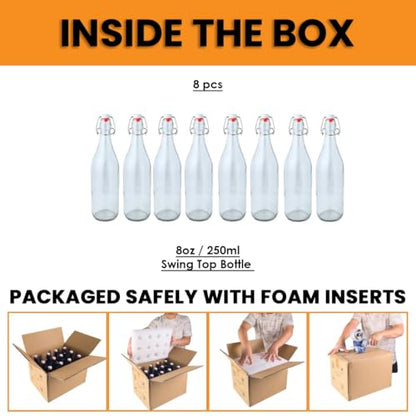 FastRack 8.5oz Swing Top Glass Bottles (Pack of 8) | Clear Resealable Flip Top Bottles with Airtight Lids – Reusable Grolsch-Style Bottles for Kombucha, Beer, Soda, Mead, Vinegar & Olive Oil