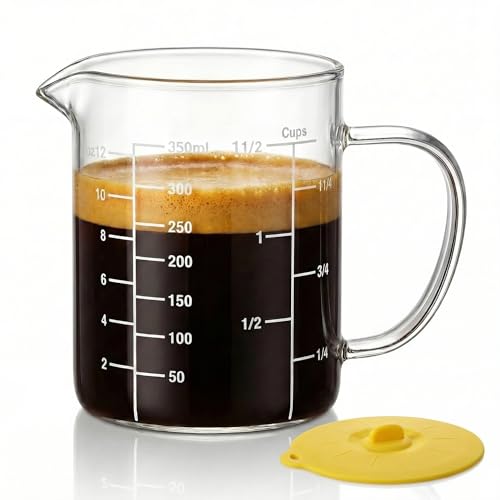 Borosilicate Glass Measuring Cup, 1-1/2 Cup Glass Measuring Cup with Spout, Microwave Safe, Dishwasher Safe, Easy Read Scale for Coffee Brewing, Baking, Cooking, Heating and Meal Prep. - size: 12oz/350ml
