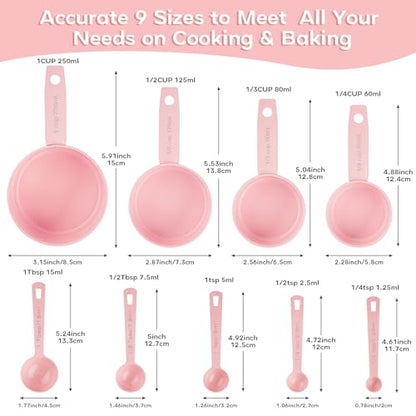 Measuring Cups and Spoons Set of 9, Stainless Steel Measuring cup for Cooking and Baking, Measuring spoons for Dry and Liquid Ingredients (Pink) - color: Pink