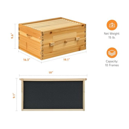 CREWORKS 10 Frame Bee Hive Box, Langstroth Beehive Deep Box with Frames & Foundations, Beeswax Coated Brood Bee Box for Bee Keeper, Beekeeping Supplies with Transparent Acrylic Window - style: 1 Layer