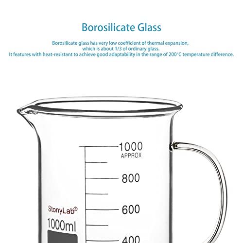 stonylab Glass Beaker with Handle, Borosilicate Glass Graduated Low Form Griffin Beaker with Handle and Pouring Spout, 1000 ml (Pack of 2) - size: 1000 ml (Pack of 2)