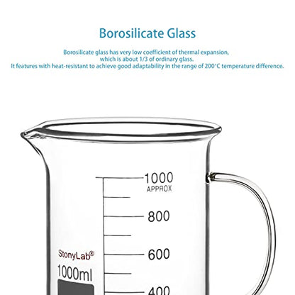 stonylab Glass Beaker with Handle, Borosilicate Glass Graduated Low Form Griffin Beaker with Handle and Pouring Spout, 1000 ml (Pack of 2) - size: 1000 ml (Pack of 2)