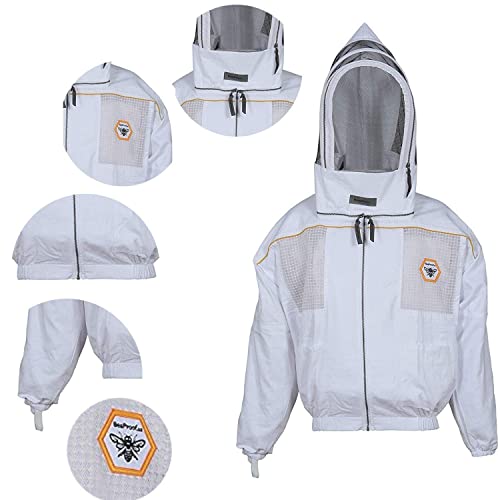 Beekeeping Jacket Ventilated Cotton with Mesh Pocket – Safety Fencing Bee Suit with Veil & Carrying Bag (BP-201-White)-5XL - size: 5XL