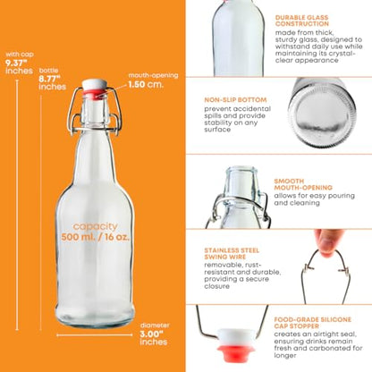 FastRack 16 oz Clear Swing Top Glass Bottles – 6 Pack | Flip Top Airtight Bottles (Not Olive Oil Style) | Reusable Bottles for Kombucha, Beer, Soda & Fermentation - color: Clear