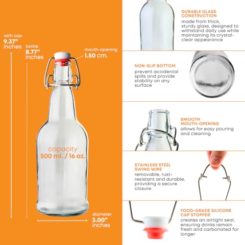 FastRack 16 oz Clear Swing Top Glass Bottles – 6 Pack | Flip Top Airtight Bottles (Not Olive Oil Style) | Reusable Bottles for Kombucha, Beer, Soda & Fermentation - color: Clear