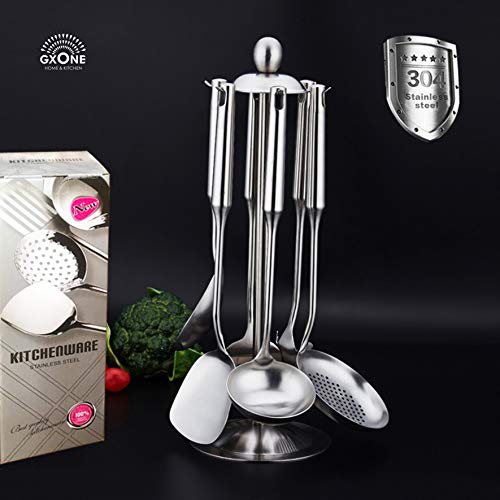 Kitchen Utensil Set – 6 Piece Stainless Steel Cooking Utensils with Rotating Holder Organizer Includes Slotted Spoon, Slotted Spatula, Large Spoon, Soup Ladle, Spatula, Pasta Server Silver/7PCS - style: Cooking Utensils