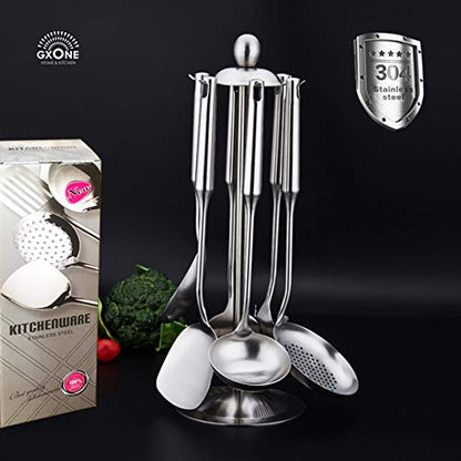 Kitchen Utensil Set – 6 Piece Stainless Steel Cooking Utensils with Rotating Holder Organizer Includes Slotted Spoon, Slotted Spatula, Large Spoon, Soup Ladle, Spatula, Pasta Server Silver/7PCS - style: Cooking Utensils