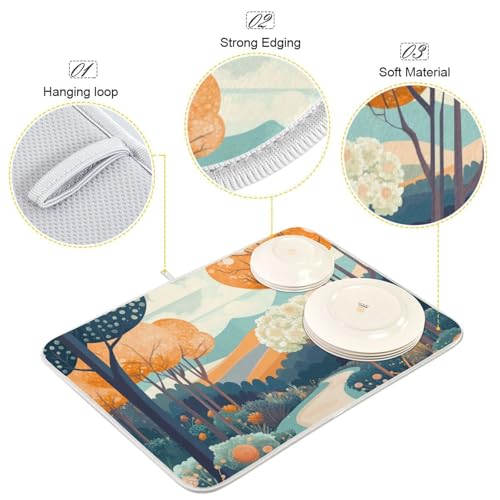 Trees Flower Path Turquoise Dish Drying Mat for Kitchen Counter Super Absorbent Draining Mat with Non-slip Backed Waterproof Sink Mats for Dish Bottles Cups Bowl Sinks Countertops Draining Racks