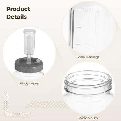 2 Pcs Fermentation Jar Set, 64Oz Glass Pickle Jar, Airlocks, Wide Mouth, Volume Markings, Food-Safe for Brewing