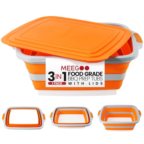 BBQ Prep Tub 3-IN-1 Large 30L Collapsible Cutting Board with Lid for Grill Meal Prep Marinating Food, Camping Sink with Colander, Dish Basin, Storage Blanket for Camping Picnic BBQ Grilling, Orange - color: Orange 30L