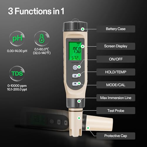 VIVOSUN 3-in-1 Digital pH Meter with ATC, ±0.1 pH Accuracy Water Quality Tester, 0-14.0 pH Measurement Range for Hydroponics, Household Drinking, Pool and Aquarium - color: Gray