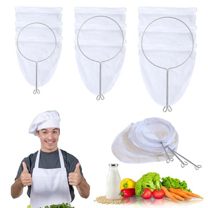 XEMBRALTI Nut Milk Bag with Handle, Fine Mesh Strainer Bag for Tea/Yogurt/Juice/Wine/Soup/Coffee & Cheese Making, Washable Reusable Almond Milk Strainer ((S+ M+ L) Strainer Bag*3 + Handle*3) - size: (S+ M+ L) Strainer Bag*3 + Handle*3