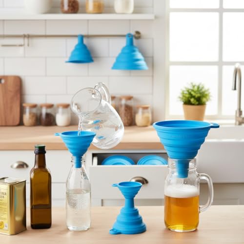 4 Pack Silicone Collapsible Kitchen Funnel for Water Beer Oil Filling Bottles ，Foldable Silicone Funnel Set – Collapsible Small & Large Funnels, Water Bottles & Liquid Transfer – Food Grade（Blue） - color: blue