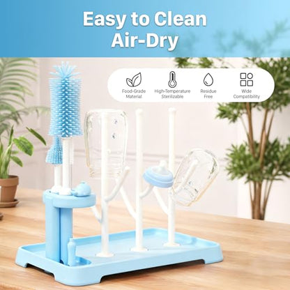 [4-in-1] Baby Bottle Drying Rack Set with Multi-Functional Brushes, Silicone Bottle Brush, Nipple Brush & Straw Cleaner, Space-Saving Countertop Cleaning Kit for Feeding Essentials, BPA-Free (Pink) - color: Pink