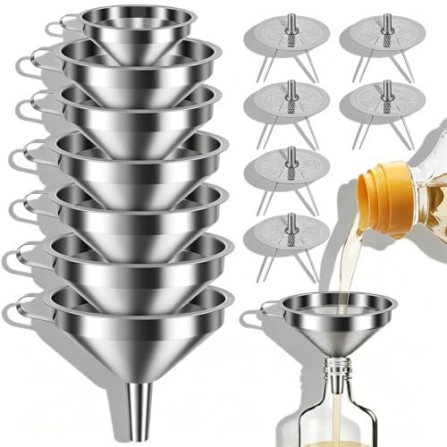 14 Pack Stainless Steel Funnels with 6 Fine Mesh Strainers, 4 Sizes 2.2-5.9 Inches Food Grade 304 Metal Kitchen Funnel Set for Filling Bottles, Oil, Jam, Juice, Wine, Milk, Powder, Canning - color: Silver 14pcs