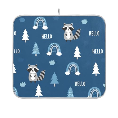 Raccoon Rainbow Tree Blue Dish Drying Mat for Kitchen Counter Super Absorbent Draining Mat with Non-slip Backed Dish Rack Pad for Draining Racks Countertops Sinks Dish Bottles Cups Bowl