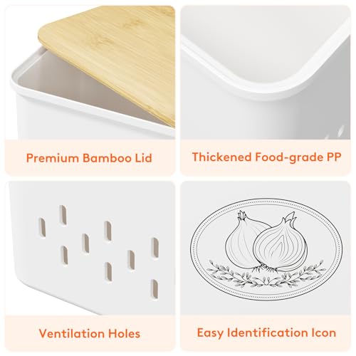 Lifewit Plastic Potato and Onion Storage Bin, Stackable Garlic Keeper with Aerating Holes and Lid, Vegetable Container Box for Pantry Countertop, White, 24 x 18 x 24 cm/9.5 x 7 x 9.5 inch, Set of 2 - color: White