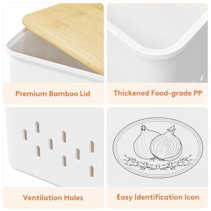 Lifewit Plastic Potato and Onion Storage Bin, Stackable Garlic Keeper with Aerating Holes and Lid, Vegetable Container Box for Pantry Countertop, White, 24 x 18 x 24 cm/9.5 x 7 x 9.5 inch, Set of 2 - color: White