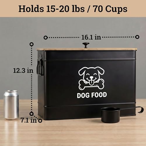Dog Food Container Airtight 15 lb (50 Cup) Capacity with Metal Scoop - Cute Airtight Dog Food Storage Container with Bamboo Lid - Black Metal Kibble Storage Bin for Dogs up to 100 lbs - Big Pet Jar - color: Black
