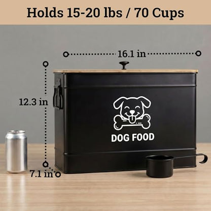 Dog Food Container Airtight 15 lb (50 Cup) Capacity with Metal Scoop - Cute Airtight Dog Food Storage Container with Bamboo Lid - Black Metal Kibble Storage Bin for Dogs up to 100 lbs - Big Pet Jar - color: Black