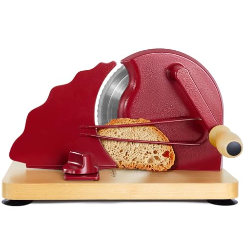 Manual Bread Slicer for Homemade Bread, Bread Cutter for Adjustable and Even Slices, Classic Hand Crank Sourdough Slicer with Scale Line & Powerful Suction Cup, Sharp Stainless Steel Blade (Red) - color: Red
