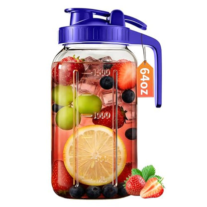 64oz Glass Pitcher with Lid & Spout – 2 Quart Mason Jars, Airtight & Leakproof Breastmilk Pitcher for Cold Brew Coffee, Sun Tea, Water, Juice – Wide Mouth, Fridge Safe - color: Blue, size: 64 Ounces