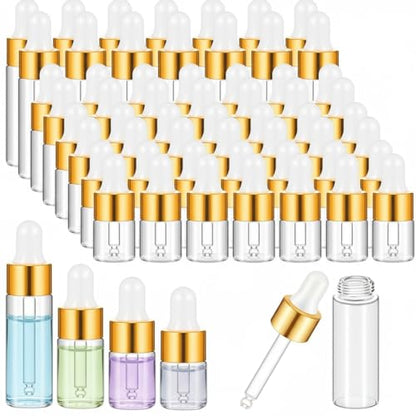 Didaey 100 Pcs 1/2/3/5/10/15 ml Mini Glass Oil Dropper Bottle Bulk, Clear Essential Small Empty Bottles Sample Containers Perfume Liquid Vials with Cap for Traveling (1ml,2ml,3ml,5ml,Champagne Gold) - color: Champagne Gold, size: 1ml, 2ml, 3ml, 5ml