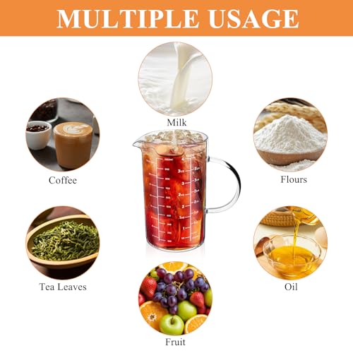 Glass Measuring Cup, 1000 ML (33.8 Oz, 4 Cup) High Borosilicate Glass Measuring Cup with Wood Lid Insulated Handle V-Shaped Spout for Kitchen Restaurant Easy To Read