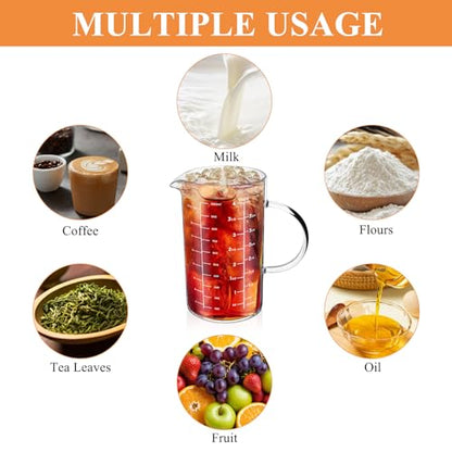 Glass Measuring Cup, 1000 ML (33.8 Oz, 4 Cup) High Borosilicate Glass Measuring Cup with Wood Lid Insulated Handle V-Shaped Spout for Kitchen Restaurant Easy To Read