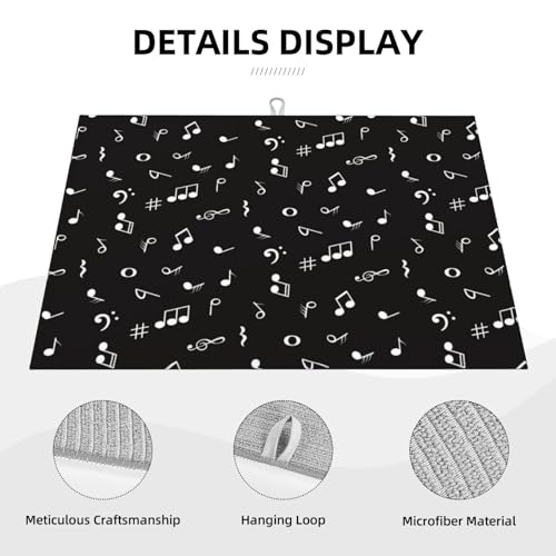 Music Note Dish Drying Mat Black and White Musical Lover Drying Rack Pad Countertop Dishes Ultra Absorbent Microfiber Kitchen Counter Mat 18x24 Inch - color: Black