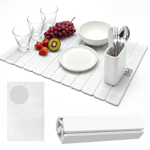 Upgraded Micro Groove Stone Dish Drying Mat for Kitchen Counter, White 24"(L)x16"(W) Large Kitchen Drying Mat, Diatomaceous Earth Stone Mat, Collapsible Dish Drying Mat