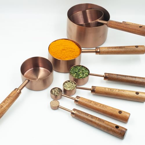 Measuring Cups and Spoons Set of 8, Stainless Steel Measuring Cup with Wooden Handle, Kitchen/Food/Liquid/Baking (Copper) - color: Copper