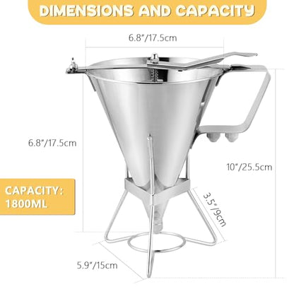 MYFULLY Confectionery Funnel with Stand | Stainless Steel Commercial Grade Cake Decorating Tool with Three Nozzles for Commercial Home Use