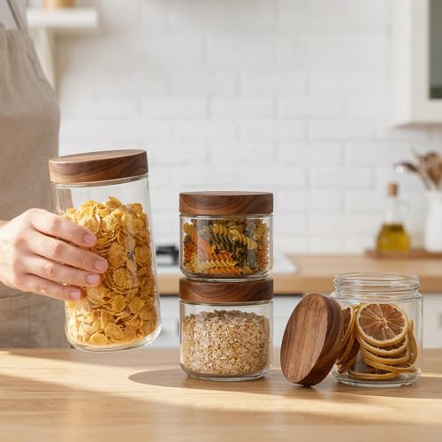 Bumobum 24 oz Glass Jars with Acacia Lids, Glass Food Storage Containers with Airtight Lids, Wide Mouth Mason Salad Jars for Coffee, Sugar, Loose Tea, Spice, Nut, Candy, Cereal, Snacks (4 Pack) - color: 24oz
