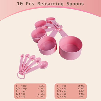 Inmorven 10pcs Measuring Cups and Spoons Set, BPA-Free Plastic Kitchen Baking Tools with Engraved Markings, Stackable Design for Dry & Liquid Ingredients (Pink) - color: Pink