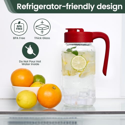 Mason Jar Pitcher - Airtight & Leakproof Glass Pitcher with Lid, Perfect for Breastmilk, Cold Brew, and Sun Tea, 2 Quart (64 oz) Mason Jar with Pour Spout Lid - color: Red