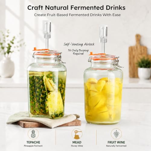 1 Gallon Fermentation Jars with Airlocks & Glass Weights, 2-Pack | Self-Burping Airlocks Vent Gas, Glass Weights Keep Food Below the Brine for Easier, More Consistent Homemade Fermentation