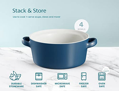 Kook Soup Crocks, Ceramic Stackable Bowls, Broil, Oven, Microwave and Dishwasher Safe, with Handles, For Casserole, Pasta, Cereal, Capacity 18 oz, Set of 4, (Matte Blue) - color: Matte Blue