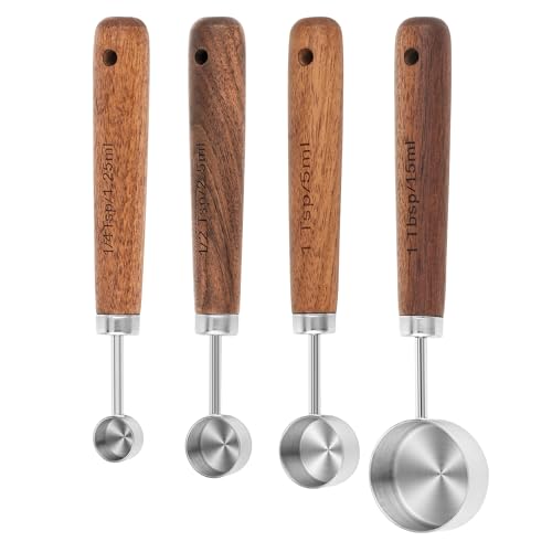 Measuring Cups and Spoons Set 8, 18/8 Stainless Steel Measuring Cups and Spoons Set for Baking and Kitchen, Metric & US Metal Measure Cup & Spoon with Wood Handle for Dry & Liquid - color: Siliver