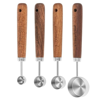 Measuring Cups and Spoons Set 8, 18/8 Stainless Steel Measuring Cups and Spoons Set for Baking and Kitchen, Metric & US Metal Measure Cup & Spoon with Wood Handle for Dry & Liquid - color: Siliver